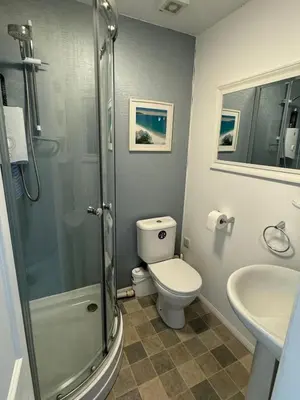 a bathroom with a shower and a toilet and a sink at Cosy 1 bed apartment near Crantock beach in Crantock