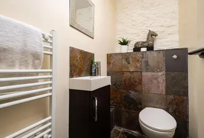 a bathroom with a toilet and a sink at Hob Nob in Liskeard
