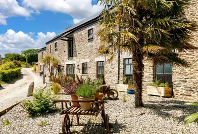 a stone building with a palm tree and a bench at Hob Nob in Liskeard