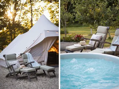two pictures of a tent and chairs and a swimming pool at Moonshine in Truro