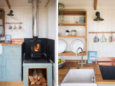 two images of a kitchen with a stove and a sink at Stargazer in Truro