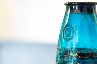 a blue glass vase with a camera in it at Maple Lodge in Hayle