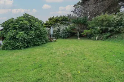 a yard with a picnic table and some bushes at Horseshoe Cottage in Newquay