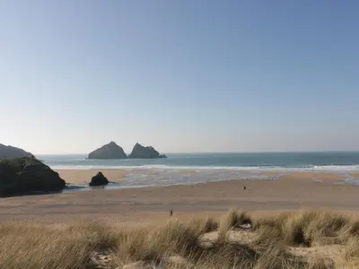 a beach with rocks in the water and grass at Horseshoe Cottage in Newquay