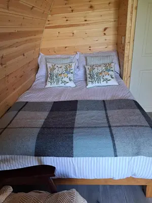 a bed in a room with a wooden wall at Beautiful and Cosy Garden Pod Saintives in Carbis Bay