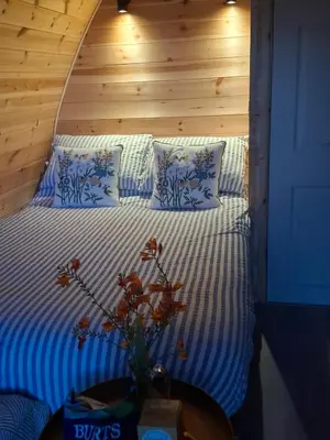 a bedroom with a bed with a wooden wall at Beautiful and Cosy Garden Pod Saintives in Carbis Bay