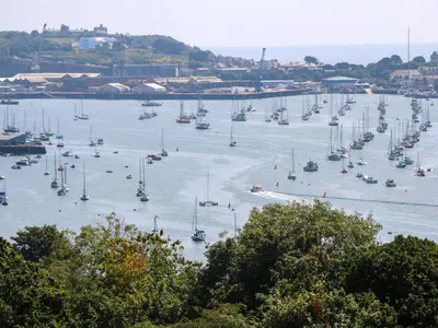 a harbor with many boats in the water at The Crows Nest in Falmouth