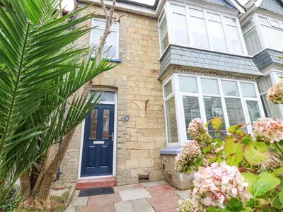 a brick house with a blue door and a palm tree at Serendib Cottage in Newquay