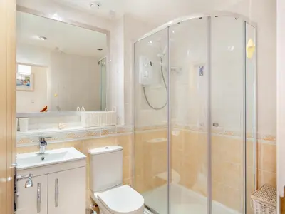 a bathroom with a shower and a toilet and a sink at River View in Wadebridge