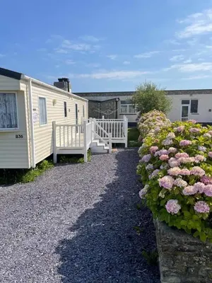 a white trailer with pink flowers in front of it at Sandydaze in St Merryn