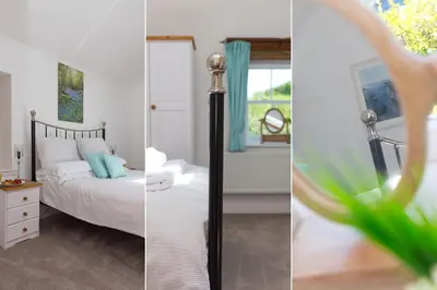 two pictures of a bedroom with a bed and a mirror at Pilgrims Barn in Hayle