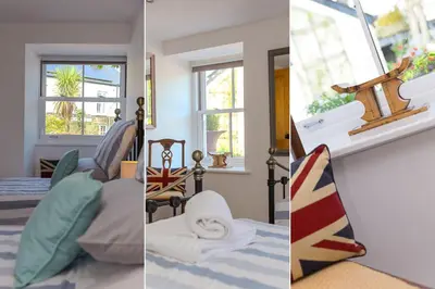 two pictures of a bedroom with a bed and windows at Pilgrims Barn in Hayle