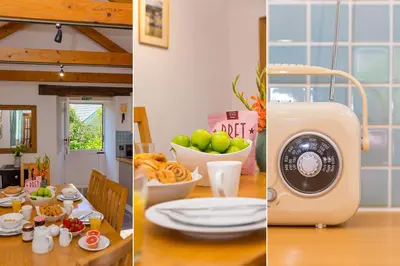 two pictures of a table with food and a toaster at Pilgrims Barn in Hayle