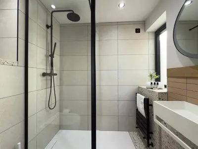 a bathroom with a shower and a sink at Bayvista in St Ives