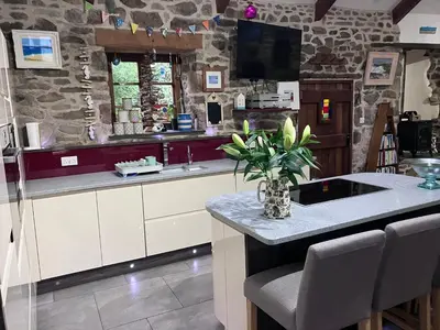 a kitchen with a counter with a vase of flowers at Anvil The Old Smithey in Saint Erth