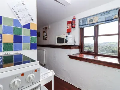a kitchen with a stove and a microwave at The Dairy in Liskeard