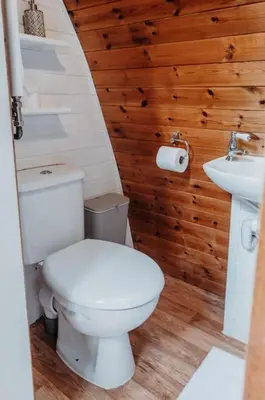 a bathroom with a white toilet and a sink at Wild Wren - A Nordic Getaway in Callington