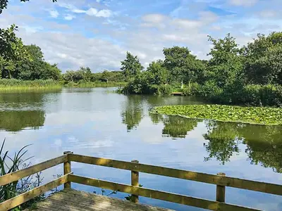 a view of a river with a wooden bench at Sandy Toes in Newquay