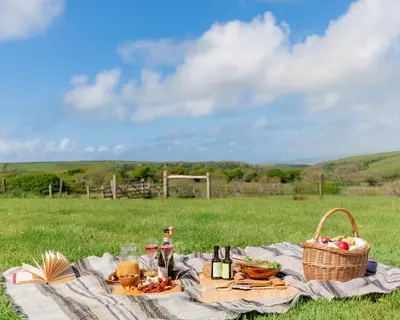 a picnic blanket with a basket of food and a basket of fruit at Bligh - Treworgie Barton Cottages in Bude