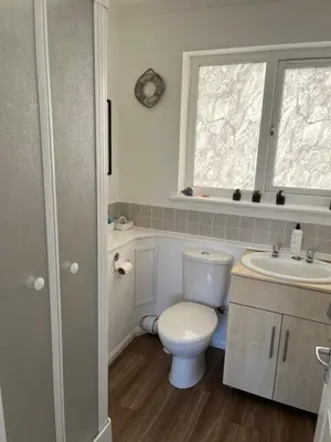 a bathroom with a toilet and a sink and a window at Hellfire corner in Redruth