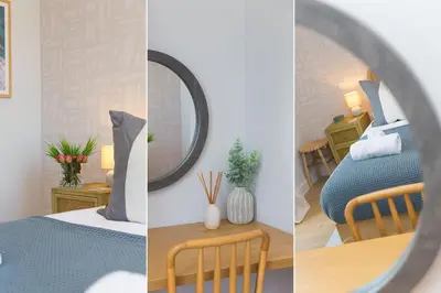 three different views of a bedroom with a bed and a mirror at 14 An Garth in Hayle