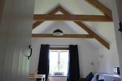 a living room with a ceiling with beams and a window at Little Barn in Bodmin