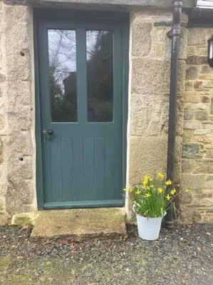 a green door with a window and a pot of flowers at Little Barn in Bodmin