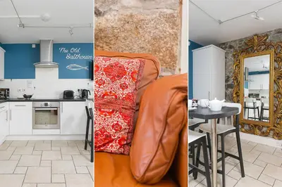 two pictures of a kitchen and a living room at The Old Salthouse in St Ives