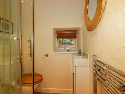 a bathroom with a toilet and a sink and a mirror at Willow View in Wadebridge