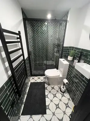 a bathroom with a shower and a toilet and a sink at The Middleton Beach Lodge in Looe