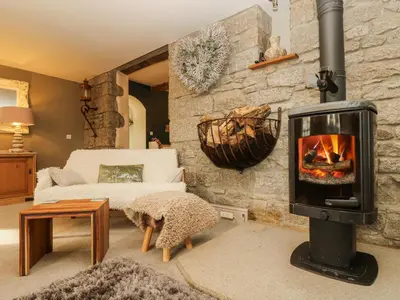 a living room with a fireplace and a bed at Lower Gadles in Penryn