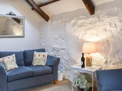 a living room with a blue couch and a table at Scrumpy Cottage in Bodmin