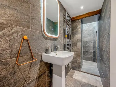 a bathroom with a sink and a shower at Horseshoe Cottage - Uk48252 in Downderry