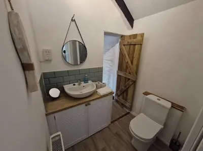 a bathroom with a sink and a toilet and a mirror at Trenant Cottage in Fowey