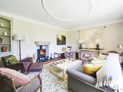 a living room with a couch and a fireplace at Tower Hill in Bodmin