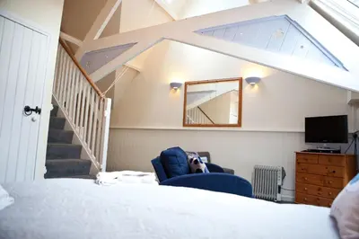 a dog is sitting in a chair in a bedroom at The Old School Hotel in Port Isaac