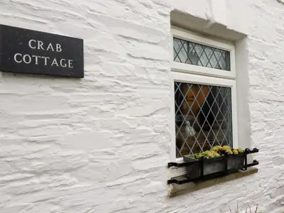 a window on a white building with a flower box at Crab Cottage in Delabole