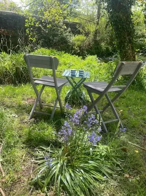 two chairs and a table and flowers in the grass at The Artists Studio in Saint Cleer