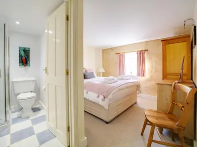 a bedroom with a bed and a toilet and a chair at Turtle Cottage in Charlestown