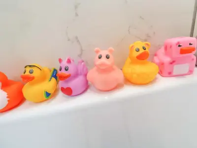 a group of rubber ducks sitting on a shelf at Sea View in St Ives