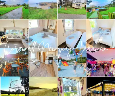 a collage of photos with people playing in a water park at JL Cornwall Newquay Caravan in Newquay