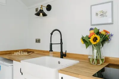 a kitchen with a sink and a vase of flowers at Shepherds Hut at Chenhall Farm in Helston