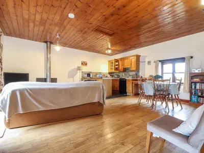 a living room with a bed and a kitchen at Court Cottage in Looe