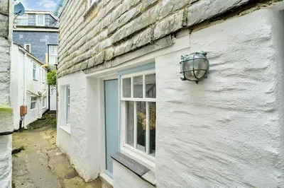 a white building with a window and a plant at Moll's Yard in Port Isaac