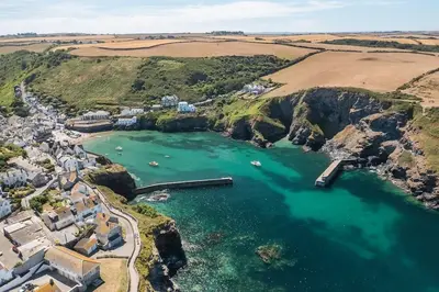 an aerial view of a bay with boats in the water at Moll's Yard in Port Isaac