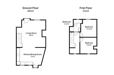 two diagrams of a floor plan at Quick's Cottage in St Ives