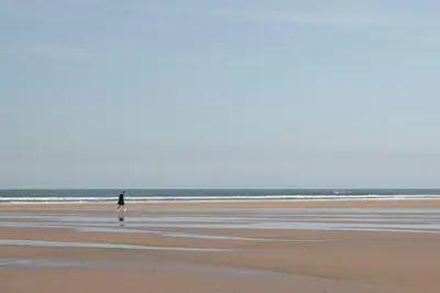 a person walking on a beach with the ocean in the background at Modern Apartment nr Fistral Beach Private Parking in Newquay