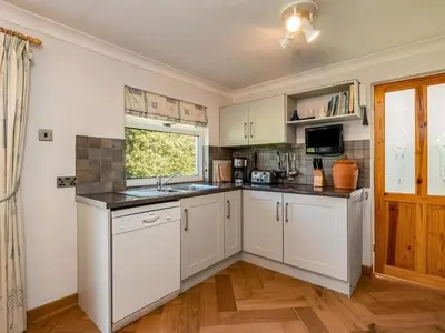 a kitchen with white cabinets and a window at Curlew in Wadebridge