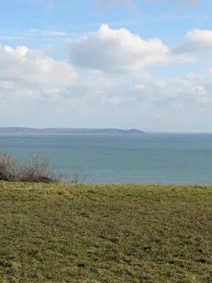 a field of grass with the ocean in the background at Peaceful Home in Looe with Stunning Views in Looe