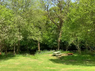a park with a picnic bench in the grass at Jasmine cottage in Liskeard